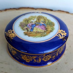 Vintage Cobalt Blue & Gold Lareaux Porcelain Romantic Trinket/Jewelry Box Small
